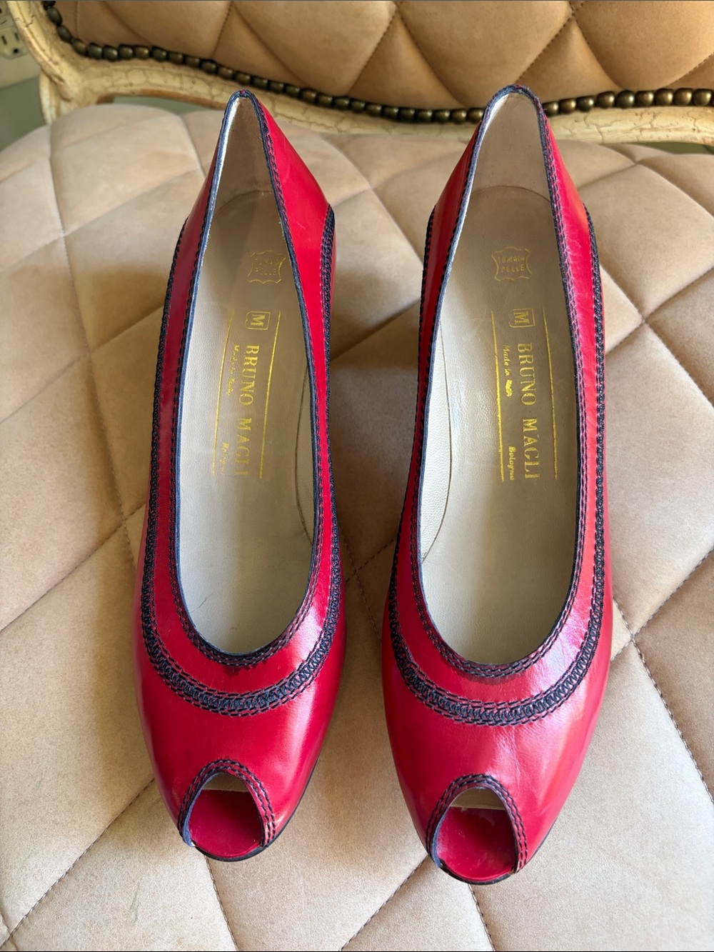 Vintage Bruno Magli Red Peep-Toe Leather Pumps with Braided Trim